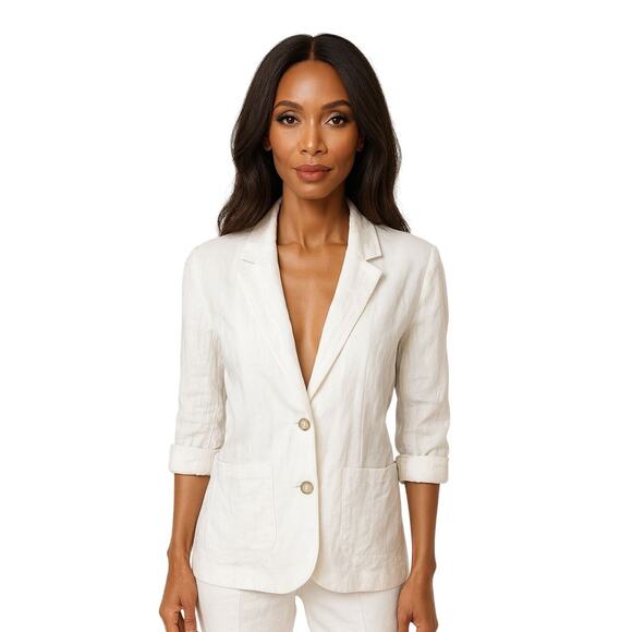 Garnet Hill White Linen Blazer Womens XS Lightweight Roll-Sleeve Single-Breasted - Picture 1 of 11